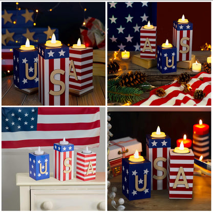BlcTec 4th of July Decorations, 3 PCS Patriotic Wood Candle Holders with Tea Lights, Rustic Farmhouse Centerpieces for Home, Tiered Tray, Tabletop, Mantel, Office, Porch, Memorial Day, July 4th Décor