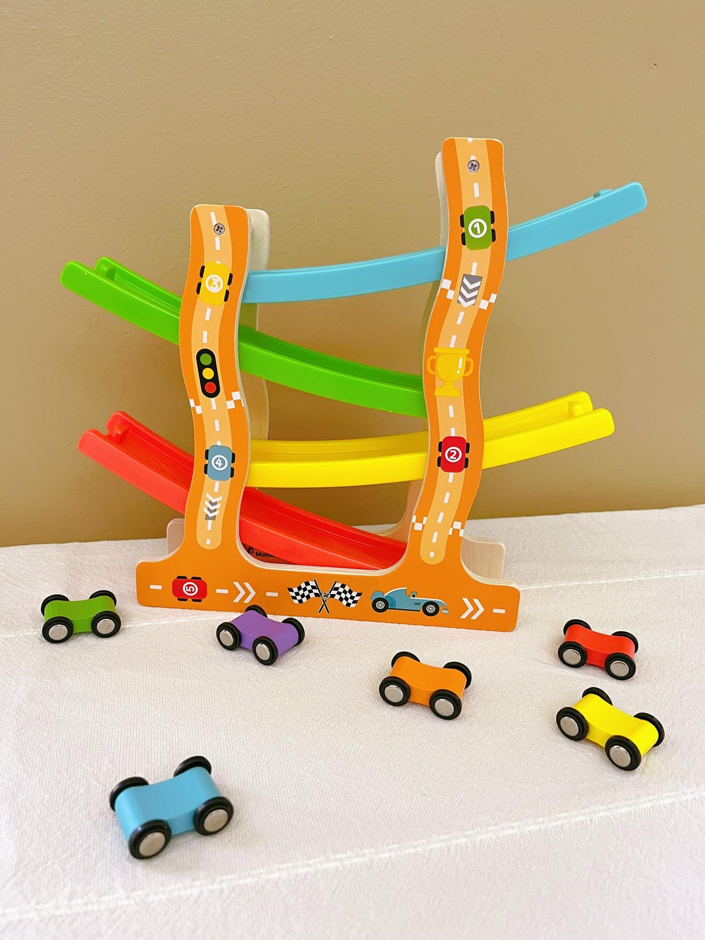 EduLand Montessori Visual Tracking Skills Transportation Model Rail Glide car Ramp Racer Toy for Toddlers 4 Level Race Car Toy Set Includes 6 Wood Cars Building Learning Toys for 3 4 5 6 7 Years Old