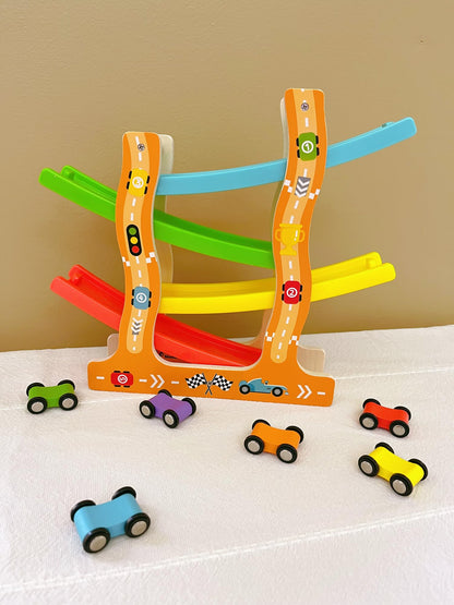EduLand Montessori Visual Tracking Skills Transportation Model Rail Glide car Ramp Racer Toy for Toddlers 4 Level Race Car Toy Set Includes 6 Wood Cars Building Learning Toys for 3 4 5 6 7 Years Old
