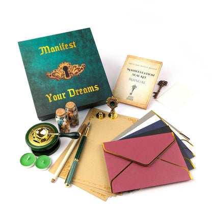 Manifestation Kit with Fire Paper & Wax Seal Stamps – Sigil Ritual Tools for Writing, Sealing & Releasing Intentions – Spiritual Self Care Gift for Manifestation – Witchy Cauldron Manifest Dreams Seal