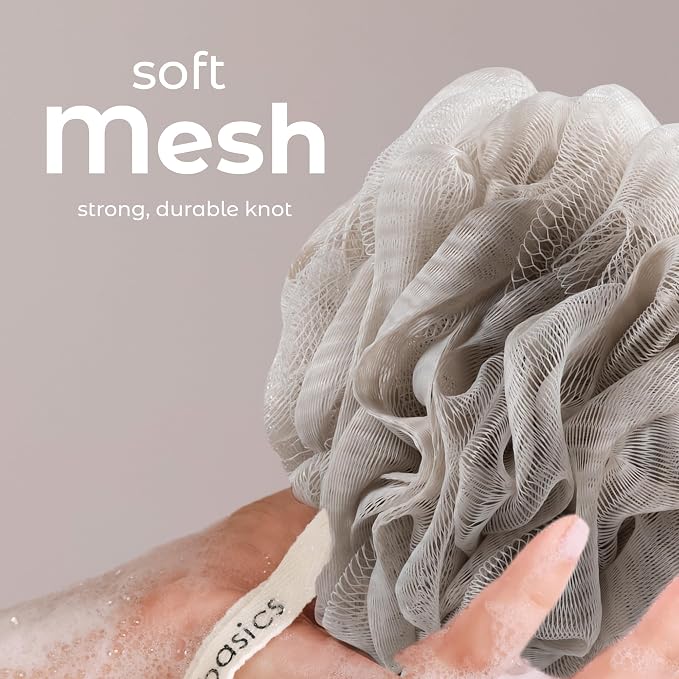 MainBasics Bath Shower Loofah Sponge Pouf Body Scrubber Exfoliator Body Wash Sponge (Set of 3, Totally Taupe)