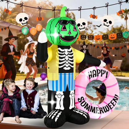 InfleasJoiy 6FT Watermelon Zombie Holding Flower Wreath, Summer Halloween Outdoor Inflatable Decoration with Built-in LED Lights. Suitable for Indoor, Outdoor, and Lawn Parties.