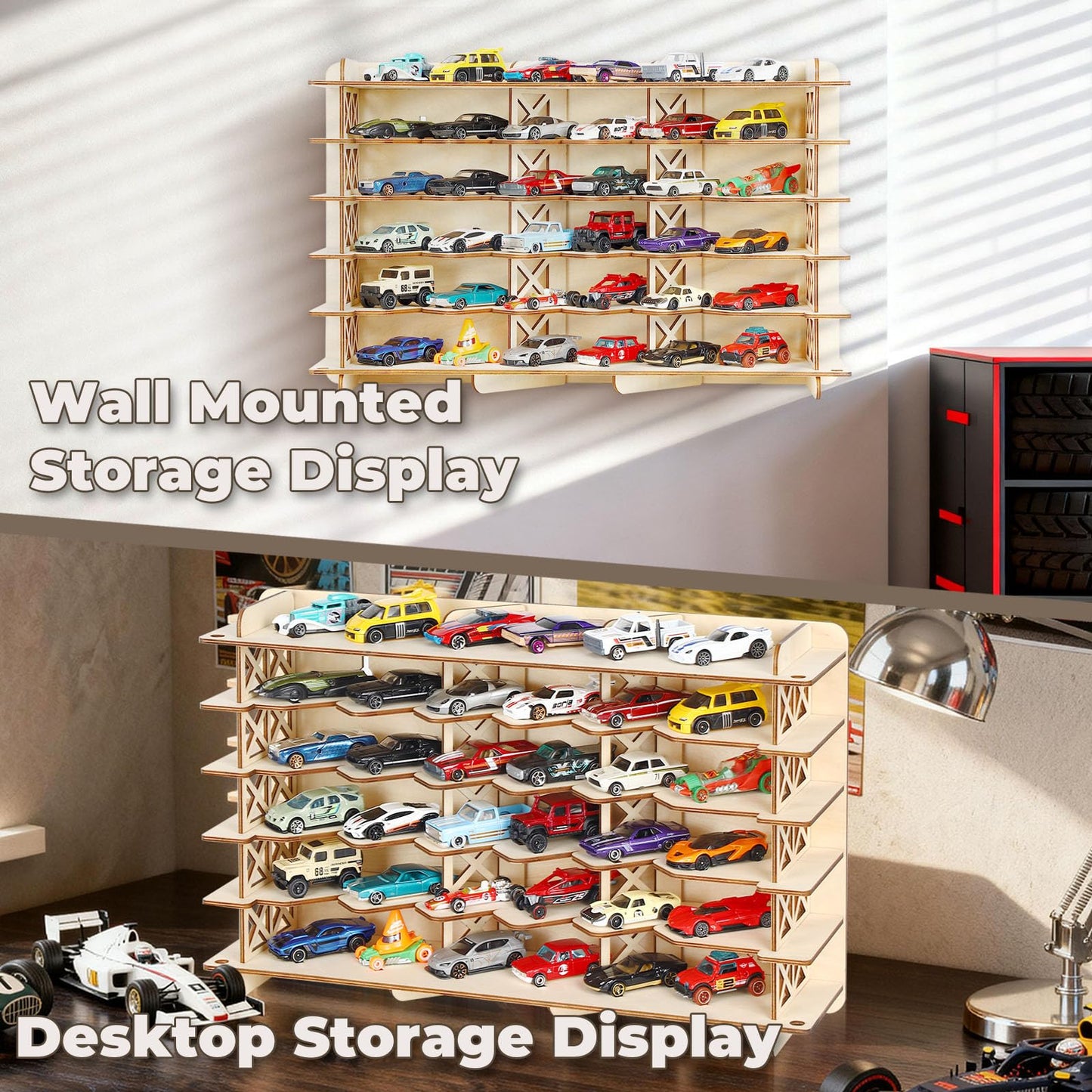 Wood Toy Car Hot Wheels Display Rack, Holds 36 Diecast Cars Model Car Display Case 1/64 Scale Toy Cars Organizer Freestanding or Wall-Mounted Toy Car Storage Cabinet (Wood, Medium)