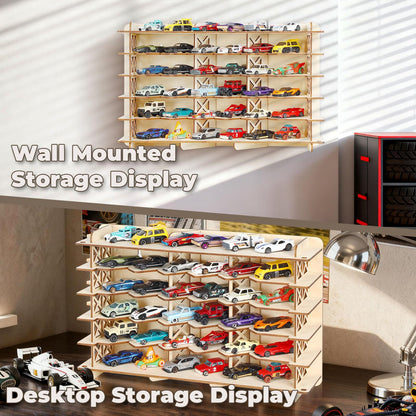 Wood Toy Car Hot Wheels Display Rack, Holds 36 Diecast Cars Model Car Display Case 1/64 Scale Toy Cars Organizer Freestanding or Wall-Mounted Toy Car Storage Cabinet (Wood, Medium)
