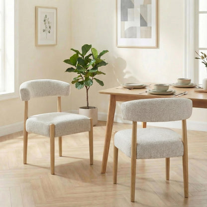 VKNOW Wooden Dining Chairs Set of 4, Modern Upholstered Dining Room Chairs with Rubberwood Legs and Curved Backrest, Fabric Kitchen Chairs for Farmhouse/Living Room/Dining Room, Heathered Off-White