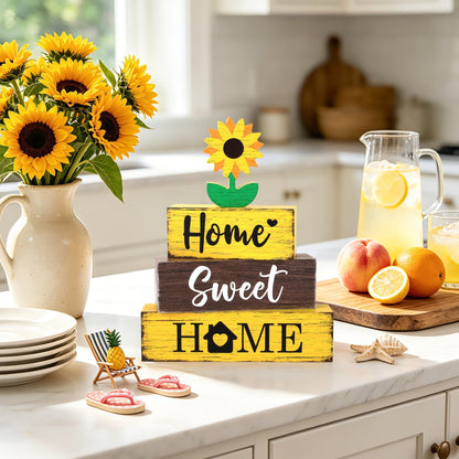 4 Pcs Sunflower Wooden Tiered Tray Decor, Sunflower Sunshine Decorations Gifts for Home, Summer Table Centerpiece for Coffee Bar Beach Party Kitchen