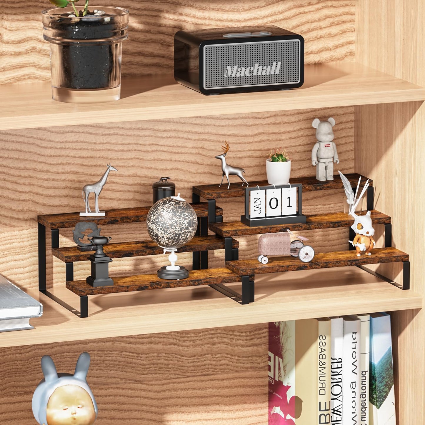 AUTARRONE Wooden Display Risers, 3-Tier Perfume Stand & Expandable Spice Rack Organizer, Cupcake Stand Holder & Display Shelf for Liquor, Figure & Dolls Collection (3-Tier, 2 Pack)