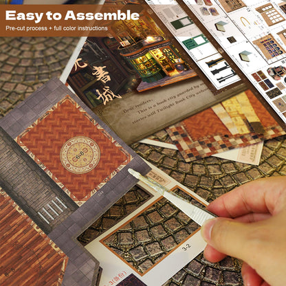 Hallisun DIY Miniature House Building Kits, Twilight Book City and Momo Tea House 3D Wooden Dollhouse Toys, Birthday Festival Gift for Teens Adults with Dustproof Covers