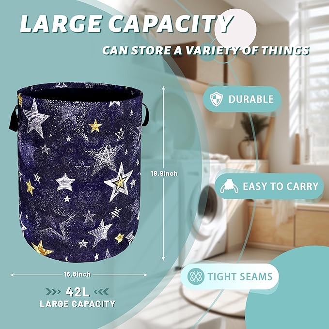 Stars Print Blue Jean Design Laundry Basket Foldable Funny Laundry Hamper