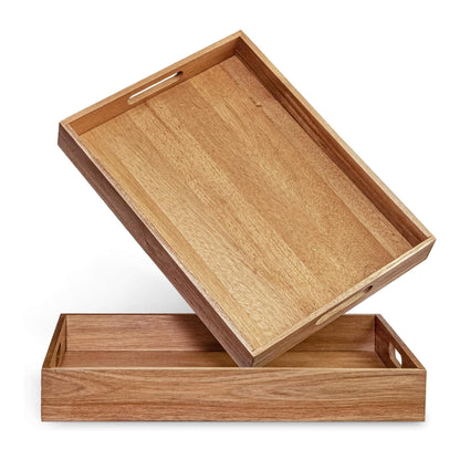 Acacia Wood Serving Tray with Handles Set of 2 – Decorative Serving Trays Platter for Breakfast in Bed, Lunch, Dinner, Patio, Ottoman, Coffee Table, BBQ, Party –Great for Lap &Couch