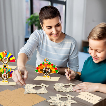 Moon Boat 16Pcs Thanksgiving Crafts Wooden Turkey Picture Frame DIY Painting Arts Kit Fall Party Favors Classroom Activities Table Decorations