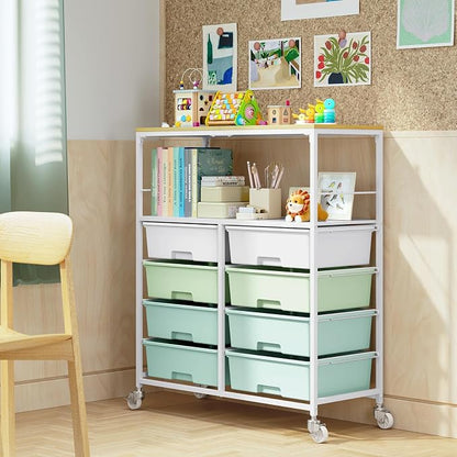 Rolling cart with 8 drawers,Storage drawer cart with wooden tabletop,Lockable wheels organizer for homeschool, arts & crafts, classroom, office & creative spaces (Green)