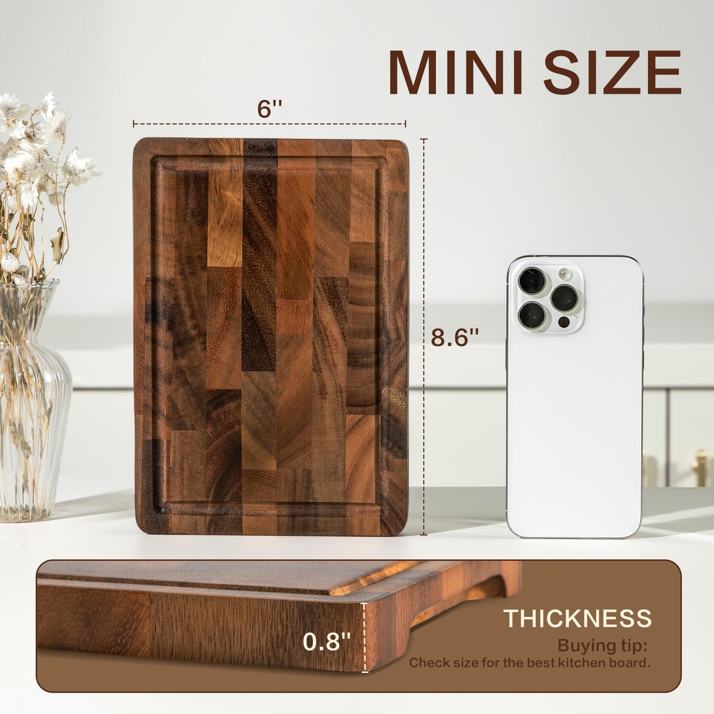 FYCTIO Walnut Wood Cutting Board, Small End Grain Cutting Boards for Kitchen, Compact Size, Lightweight & Durable for Cheese and Small Prep, 9"x6"x0.8"