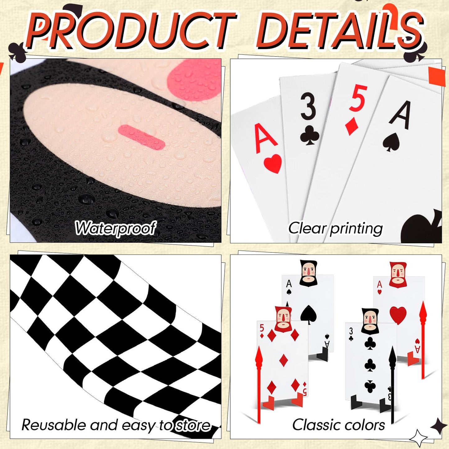 Cinnvoice Wonderland Tea Party Decoration, 4 Giant Queen's Soldiers Poker Sign with 8 Stakes 4 Spears, Large Checkered Floor Runner, Yard Lawn Garden Indoor Outdoor Decor for Birthday Poker Party
