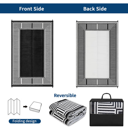 Garvee 9x12 Outdoor Rug for Patio Plastic Straw Rug Waterproof Reversible Mat Lightweight Foldable Carpet Easy Clean Large Rugs for Patio Porch Backyard Camping RV Beach Balcony Deck Border Black