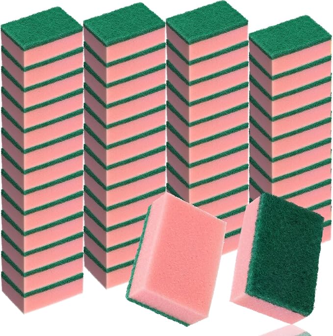 Patelai 100 Pcs Heavy Duty Sponges Kitchen Bulk Dish Sponges Scrub Sponge Abrasive Scrubber Cleaning Sponge Non Scratch Scouring Absorbent Dish for Washing Kitchen (Pink)