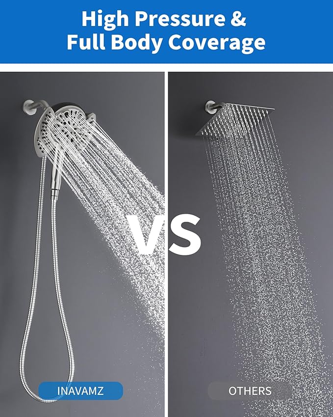 INAVAMZ Shower Head with Handheld High Pressure: Hand Held Shower Head & Rain Shower Head 2-IN-1 Shower Head with 59" Rotatable Stainless Steel Hose, Shower Trim Systems, Nickel 2.5 GPM 23233