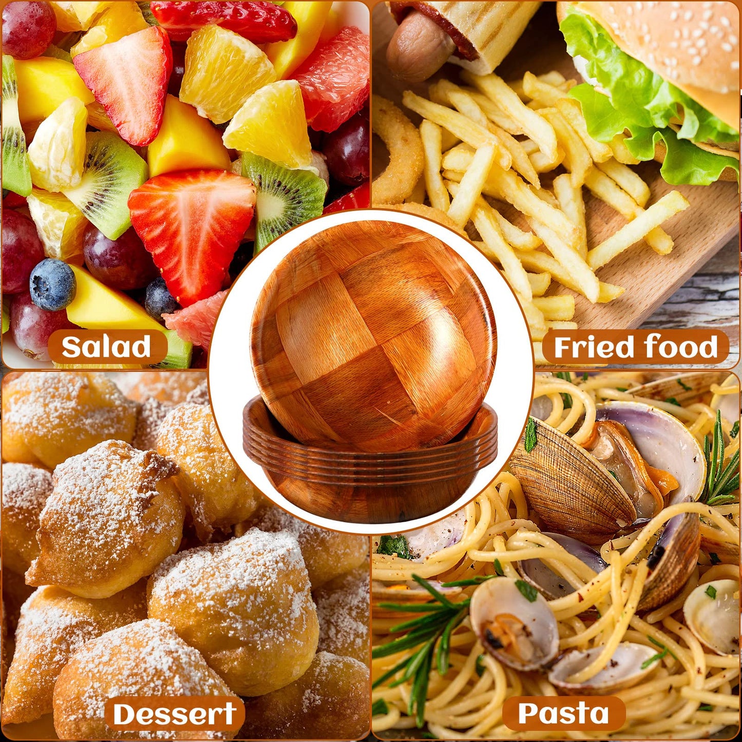 Didaey 12 Pcs Wooden Salad Bowl Set, 6 Inch Round Wood Serving Bowls, 6" Diameter x 1.5" Height, Wooden Woven Salad Bowls for Fruits, Vegetables, Snacks, Kitchen & Dining