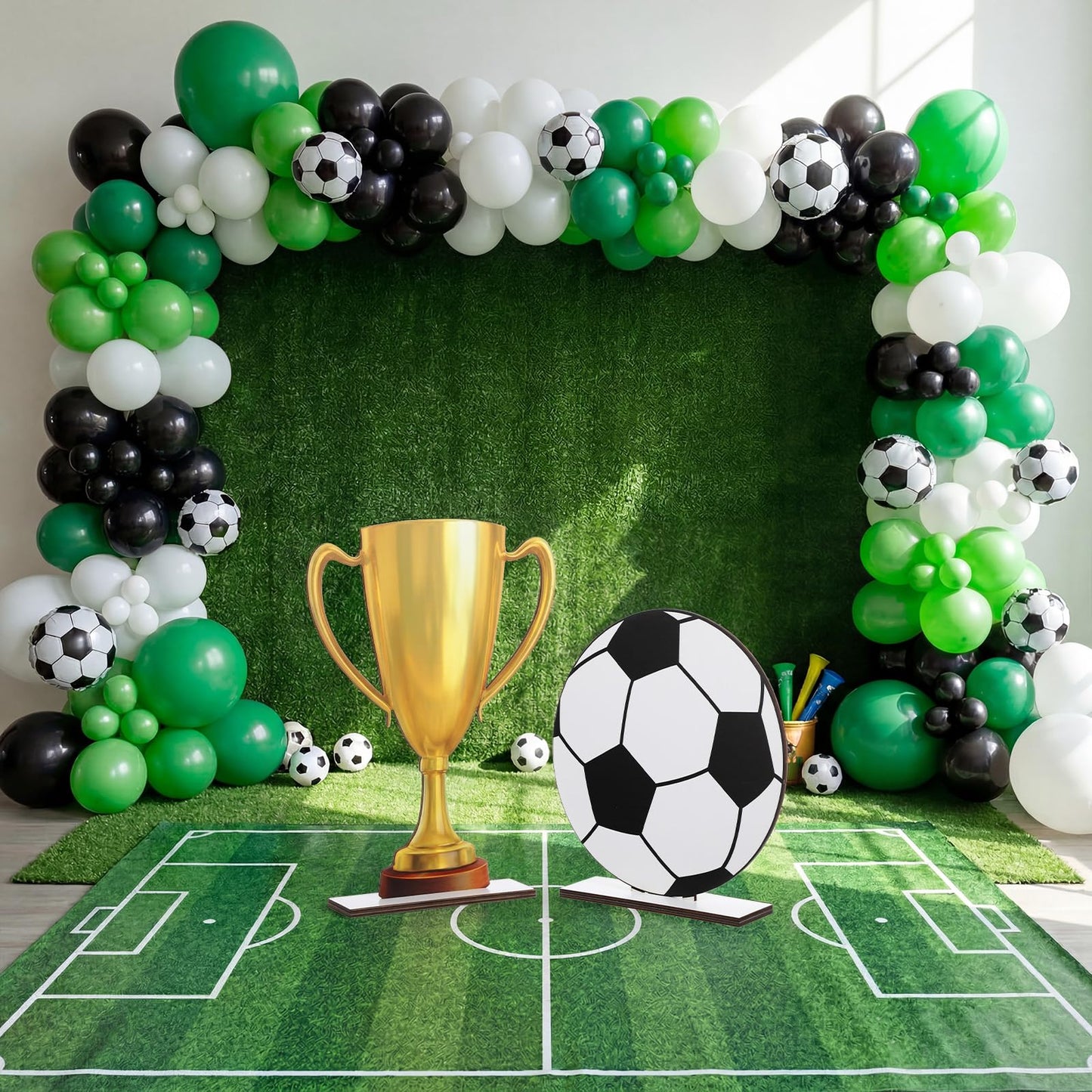 Brightrow 2 Pack Large 2026 Soccer Party Decorations, 12 x 12 Inch Wooden Football Ball Sign and 17 x 12 Inch Soccer Trophy Centerpieces for Home Yard Outdoor Indoor Garden Lawn Decor