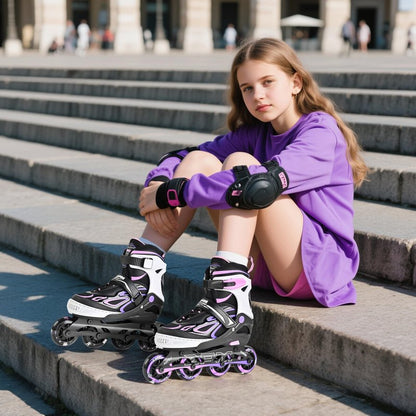 2PM SPORTS Vinal Inline Skates for Girls Boys Kids Ages 5-8 8-12 with Adjustable Illuminating Wheels, Inline Roller Skates for Youth Women Men - Purple Pink Small