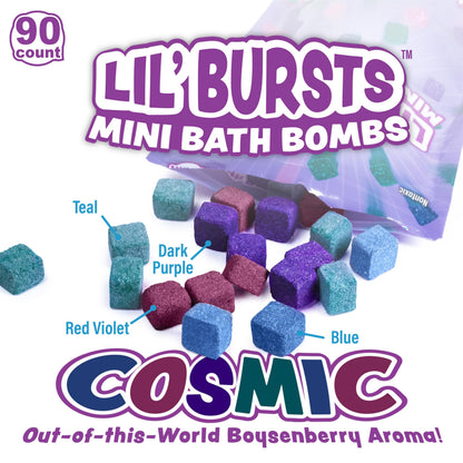 Tub Works® Lil' Bursts™ Mini Bath Bombs for Kids, 90 Count, Cosmic | Nontoxic | Tiny Kids Bath Bombs with A Burst of Color, Foam & Bubbles | Customize Kids Bath with Fun Bath Colors | Create Tub Art
