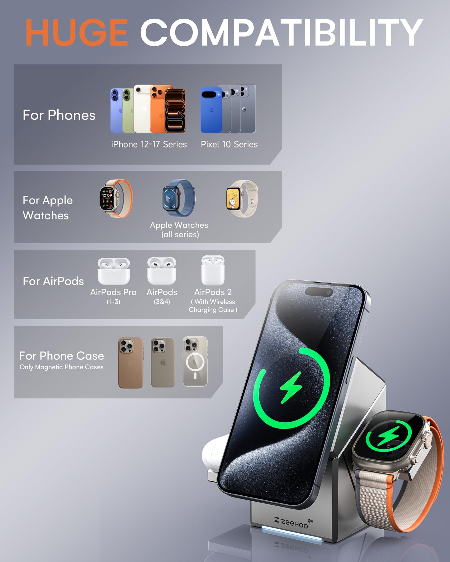 ZEEHOO 3 in 1 Charging Station for Apple, Mag-Safe for iPhone Charger, Qi2 Certified Rotating Wireless Charger Stand for iPhone 17,16,15,14,13,12 Series, Apple Watch, AirPods (USB-C Charger Included)