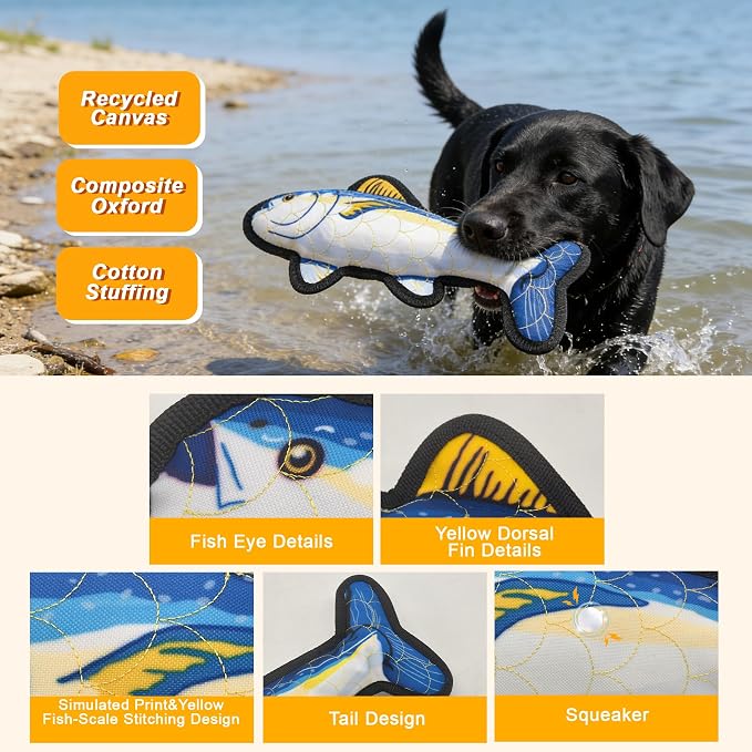 12.8" Recycled Canvas Tuna Squeaky Dog Toy, Durable Stuffed Fish Chew Toy for Puppy Teething, Interactive Play for Small Medium Large Dogs, Blue