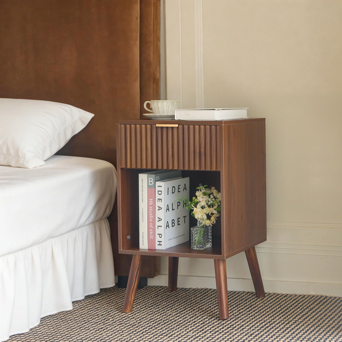 Fultyle Walnut Nightstand, Modern Night Stand with Fluted Drawer and Open Storage, Wooden Bedside Table with Solid Wood Legs for Bedroom, Living Room, Office (Walnut Brown)