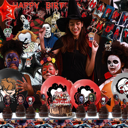 Mtgluk Horror Birthday Party Decorations Kit – 38 Pcs Halloween Themed Supplies with Banner, Backdrop, Tablecloth, Balloons & Cake Toppers for Spooky Celebrations