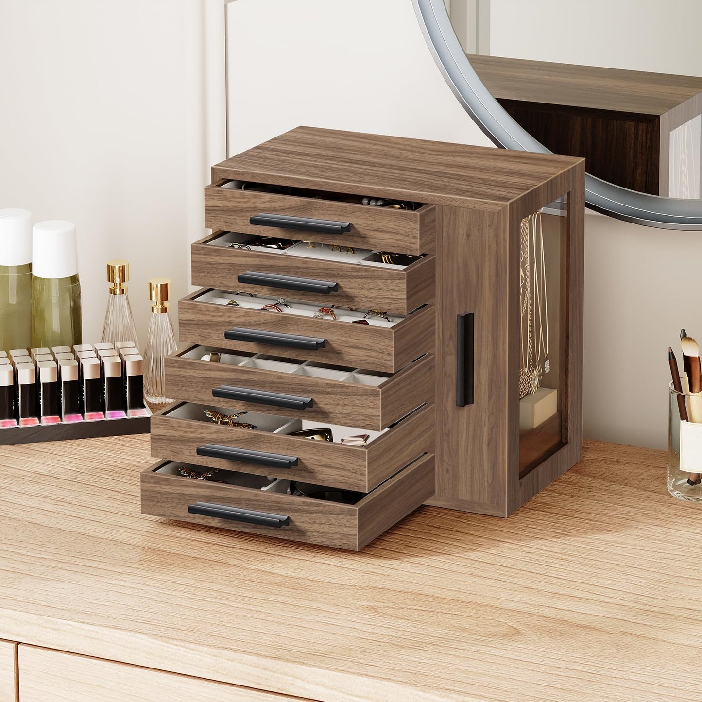 HOOBRO Jewelry Box for Women, Jewelry Organizer Box, 6-Tier Wooden Jewelry Box and 360° Rotating Jewelry Box with Mirror, Jewelry Organizer with 4 Drawers Bundle, BH12JB04-BH31JB04