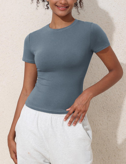PrettyGuide Womens Short Sleeve Fitted T Shirt Crew Neck Going Out Cute Baby Tees Summer Basic Tee Kyanite L