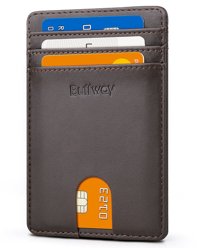 Buffway Mens Slim Wallet, Minimalist Thin Front Pocket Leather Credit Card Holder with RFID Blocking for Work Travel - Boston Chocolate