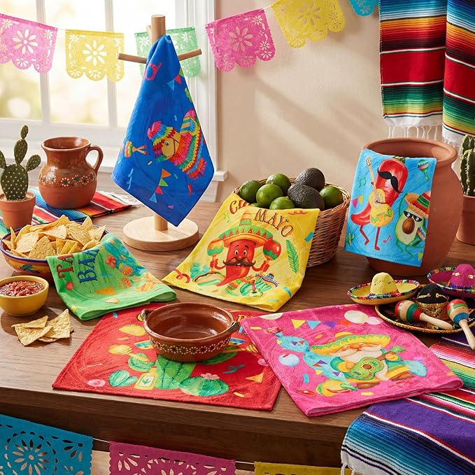 Breling Set of 6 Mexican Kitchen Towels Fiesta Taco Cactus Chili Dish Towel