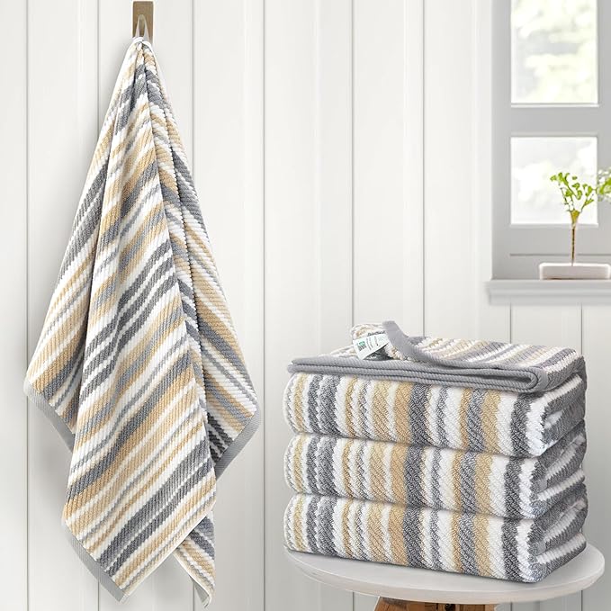 VOOVA & MOVAS Beige Striped Bath Towels, Bathroom Towels Set of 4, Tan Body