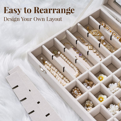 Josmimic 48 Grid Earring Organizer and Storage: Velvet Jewelry Tray with Lid, Jewelry Box for Studs, Earrings, Rings, Necklaces, Dresser & Vanity, Earrings Case for Girls, Women, 13"x8.6"x2.4", Beige