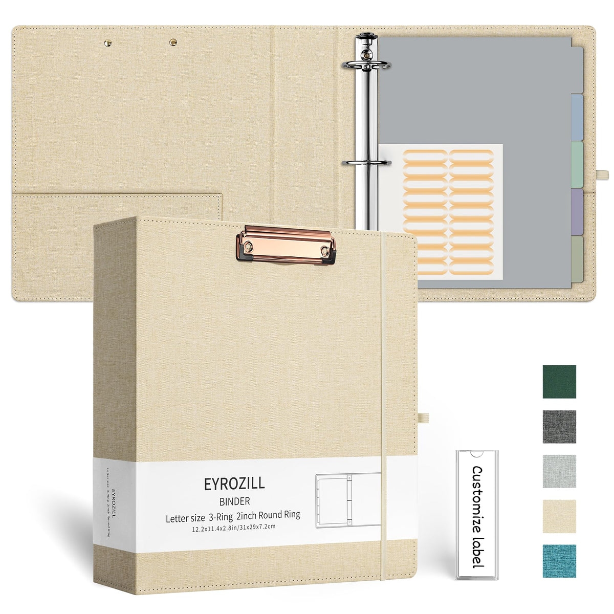 EYROZILL 3 Ring Binder 2 Inch, Binder for Letter Size (11" x 8.5") with 5 Tab Dividers, File Folder Labels and Low Profile Clipboards, Apricot