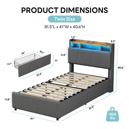 LIKIMIO Twin Bed Frame with 2 Storage Drawers, Charging Station & LED Lights, Upholstered Platform Twin Bed with Storage Headboard, Strong Wooden Slats, No Box Spring Needed, Easy Assembly, Grey