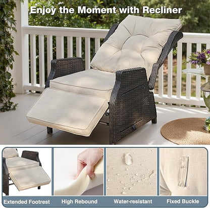 Outdoor Indoor Wicker Recliner with Adjustable Back and Footrest, Patio Reclining Chair with Flip-up Table, Outdoor Rattan Lounge Chair, Beige 2PCS