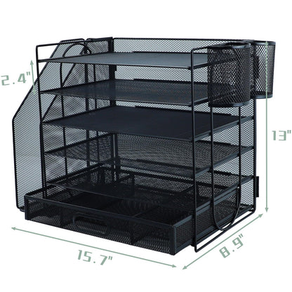 6 Tier Desk File Organiser with Extra Vertical File Sorter, Paper Letter Tray with Top Stationery Drawer Holder, A4 Paper Desktop Filing Trays, Magazine Document Holder for Home Office, Black