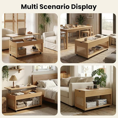 Sikaic Lift Top Coffee Table with Storage, Boho Rattan Convertible Coffee Tables with Lockable Wheels, Hidden Compartment and Open Shelf, Center Table for Living Room, Bedroom, Dining Room, Natural