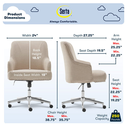 Serta Leighton Home Office Desk Chair, Mid-Back with Chrome Nailheads, Memory Foam Cushion and Padded Arms, Modern Makeup Vanity Armchair with Wheels, Swivel Base, Twill Fabric, Stoneware Beige