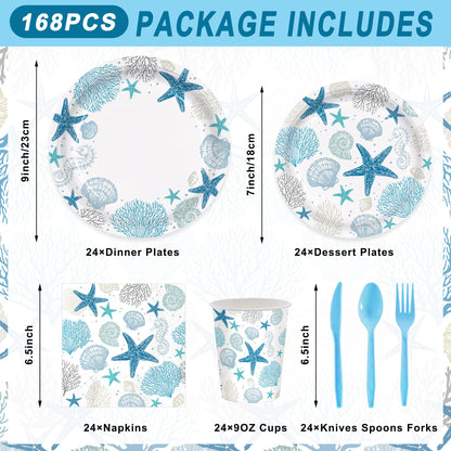 Vellumvibe 168pcs Coastal Beach Paper Plate Napkin Blue Starfish Seashell Party Supplies Disposable Tableware Set for Summer Ocean Birthday Party Decorations Serve 24 Guests