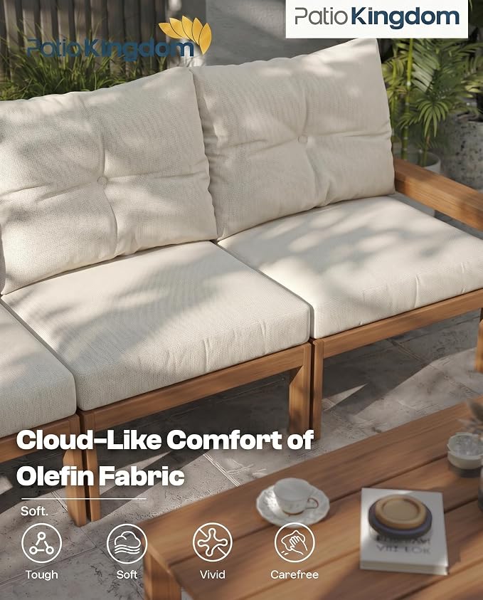 3 Piece HDPE Outdoor Patio Furniture Set, All-Weather 2 Armchairs with Side Table, Patio Conversation Set with Beige Washable Thick Cushion for Balcony/Porch/Backyard (Teak Frame)