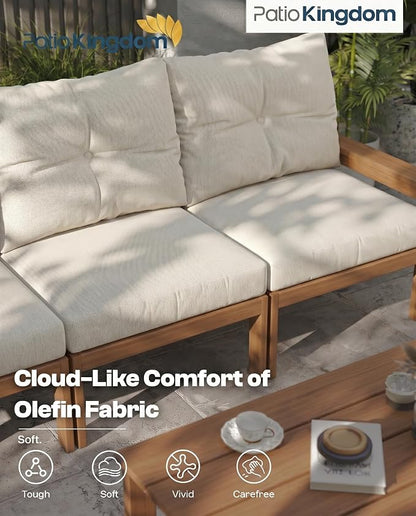 HDPE Outdoor Patio Furniture Set, 7-Piece Patio Conversation Sets with Coffee Table & Side Table & Beige Washable Thick Cushions, Outdoor Sofa for Balcony, Porch, Poolside (Teak Frame)