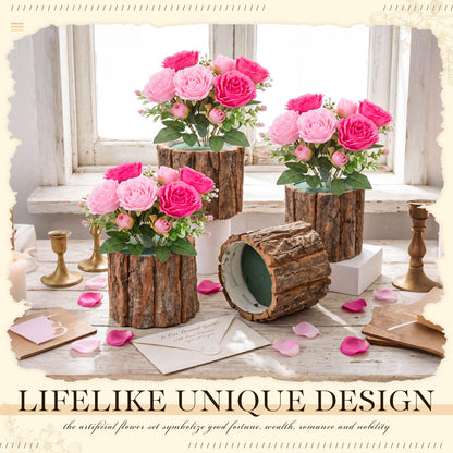 Domensi 6 Sets Wedding Floral Centerpiece for Table Decor Artificial Peonies Silk Flowers Bouquet with Flower Foam and Wooden Vase Faux Floral Arrangement for Bridal Shower Woodland Party(Rose,Pink)