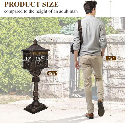 Mailbox, Heavy Duty Cast Aluminum Postal Box, Mail Box with 2 Keys for Courtyard Villa Decoration - Bronze