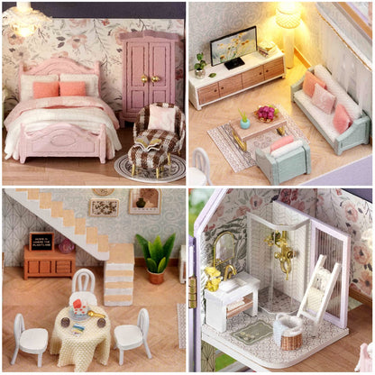 CUTEROOM Dollhouse Miniature with Furniture, DIY Wooden Dollhouse Kit Plus LED Lights, Creative Room for Valentine's Day Gift Idea (D032)