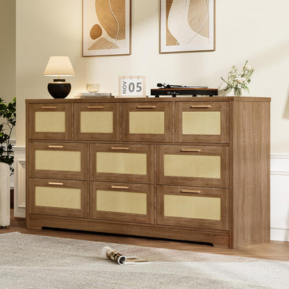 GarveeLife 10 Drawer Dresser for Bedroom, 59 in Farmhouse Rattan Dressers & Chests of Drawers, Wooden Storage Organizer with Anti-Tipping Device for Living Room, Hallway, Entryway, Natural