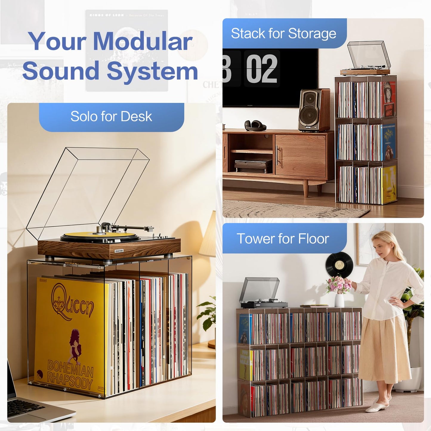 Bikoney Vinyl Record Storage,Stackable Cube Acrylic Vinyl Record Holder,Tabletop Record Player Stand,Vinyl Holder & Album Storage Box Crate Bin, Warm Amber