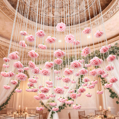 FYSUIMU 24Pcs 31.5 Inch Wedding Pink Artificial Rose Vine Garland Faux Flower Crystal Bead Hanging Garland for Valentine Birthday Wedding Party Decoration DIY Crafts Supplies